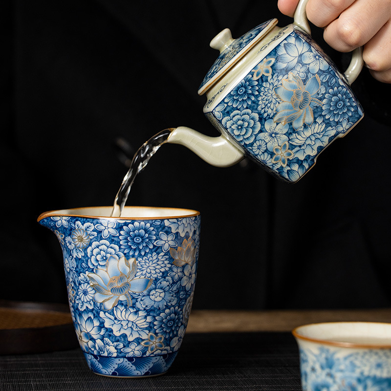 Ấm trà hình vuông Hán Hoa vàng Ru Kiln ấm trà ấm trà tinh tế cao cấp gia dụng ấm trà bộ trà gốm sứ nhà sản xuất bán buôn