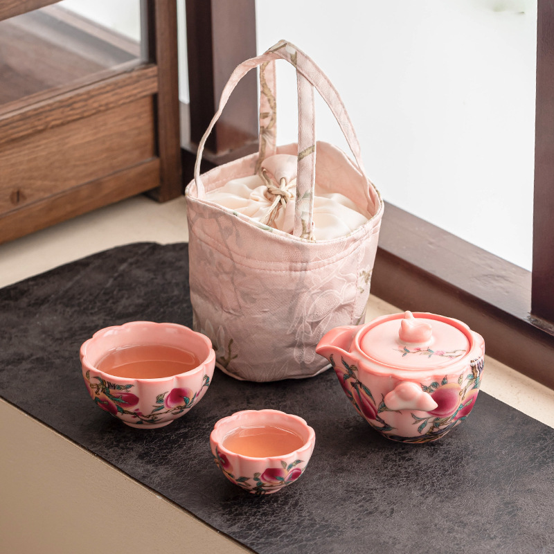 Cốc khách nhanh Ruyao Bộ trà du lịch cầm tay ngoài trời Bột đông mỡ lợn Ấm trà đào Rujiu Chén trà một ấm hai cốc