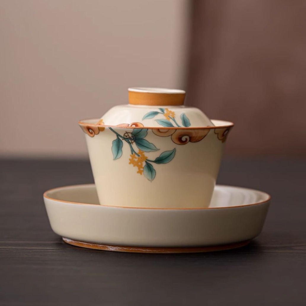 Cốc trà cốc trà có nắp đậy ba tài ở lò Ru màu be, bộ trà Kung Fu gốm sứ cao cấp có thể nuôi nổi, bát pha trà chống bỏng