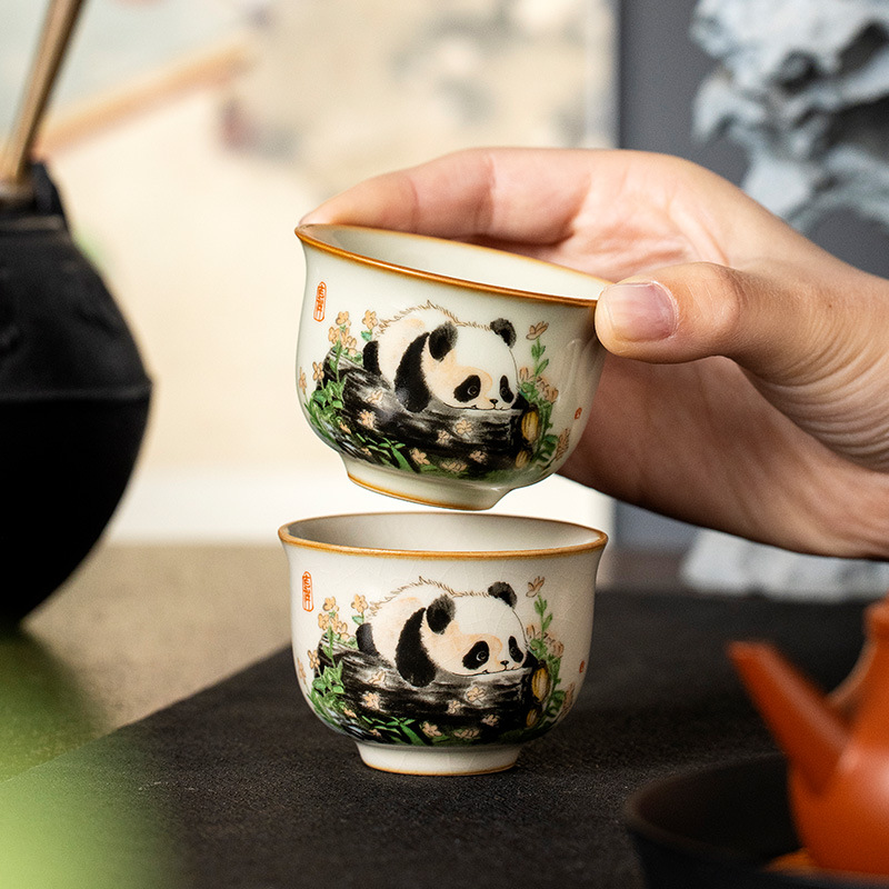 Cốc gốm sứ Ru Kiln Panda Round Ding Cốc gia dụng Cốc chủ nhân Cốc trà cao cấp tinh tế Bộ trà Kung Fu