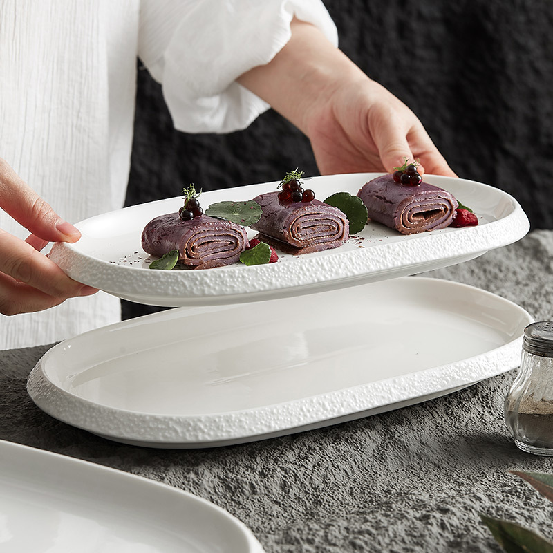 Đĩa gốm, đĩa rau, đĩa hình bầu dục gia dụng, Bộ Đồ Ăn Đặc biệt, Đĩa nông cao cấp, đĩa nghệ thuật màu trắng, đĩa rau lạnh