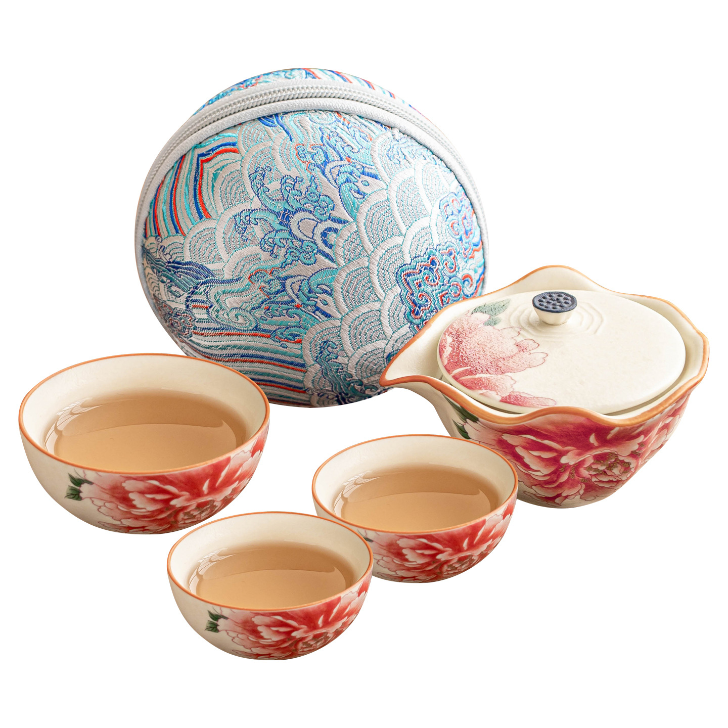 Bộ ấm trà du lịch màu trắng mỏ đá Một ấm ba cốc hoa mẫu đơn vẽ vàng cốc khách nhanh cắm trại ngoài trời ấm trà lưu niệm