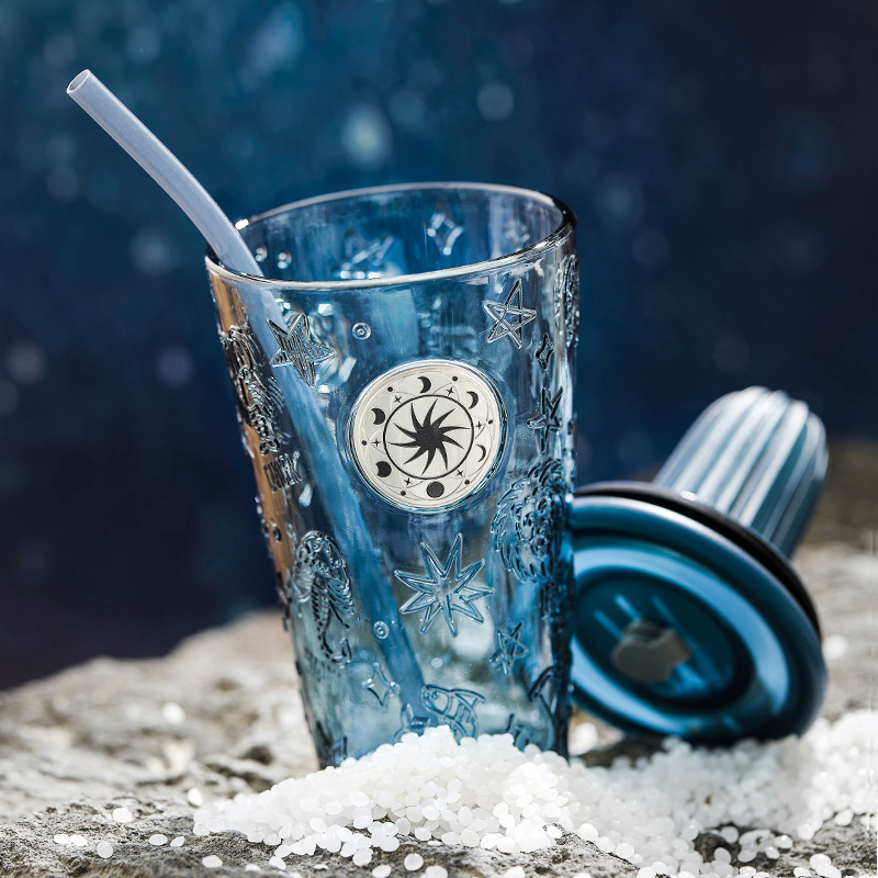 Cốc thủy tinh màu xanh mực có ống hút cốc nước trái cây cốc cà phê văn phòng gia dụng cốc nước nữ mẫu mới 2025 giá trị cao
