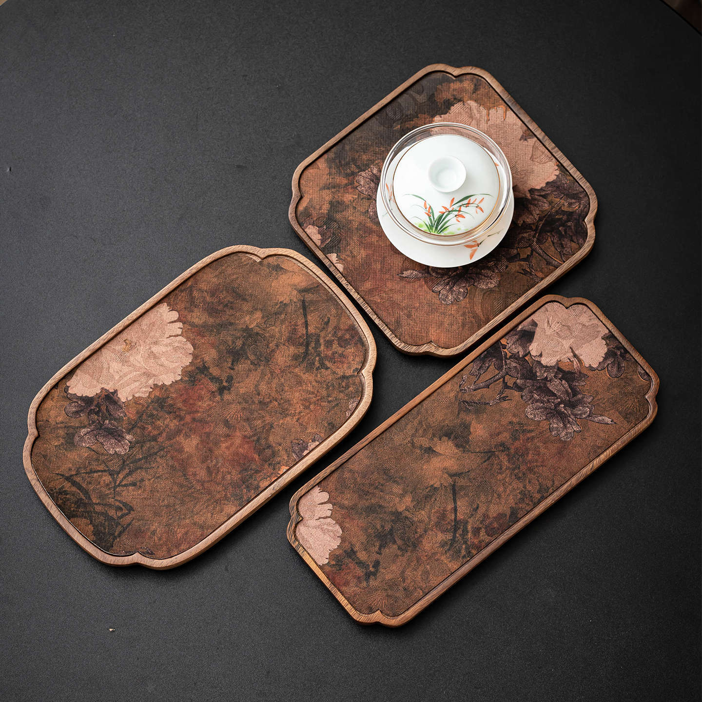 Khay trà loại nhỏ quốc triều, bàn pha trà khô bằng gỗ óc chó, bộ bàn trà hai mặt bằng gấm, khay đựng cốc bằng gỗ nguyên khối, khay đựng ấm
