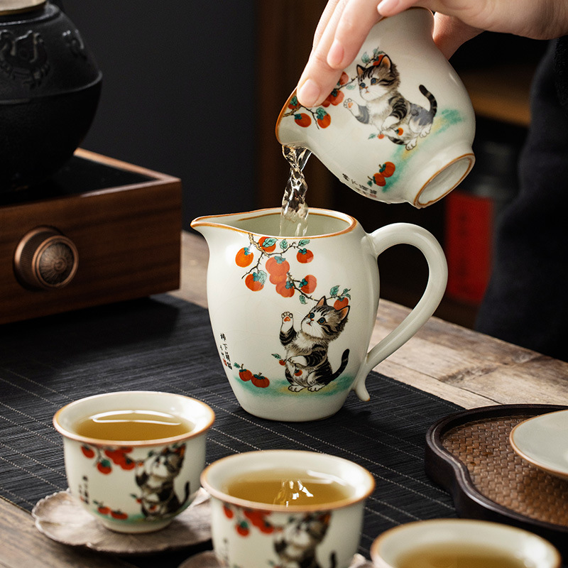 Bộ ấm chén trà Kung Fu gốm sứ màu be Ru Kiln Persimmon mèo dễ thương, chén trà đơn, chia trà.