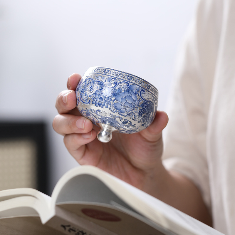 Bộ ấm trà Kung Fu cao cấp bộ cốc xoay mạ bạc ấm bạc cốc chủ nhân Trung Quốc cốc trà cho người lớn tuổi tặng bạn bè