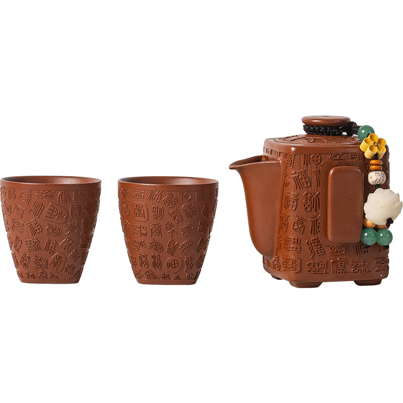 Bộ ấm trà Kung Fu đất sét tím nguyên bản Nghi Hưng nguyên bộ ấm trà đất sét tím cũ một ấm hai cốc trà thủ công quà tặng