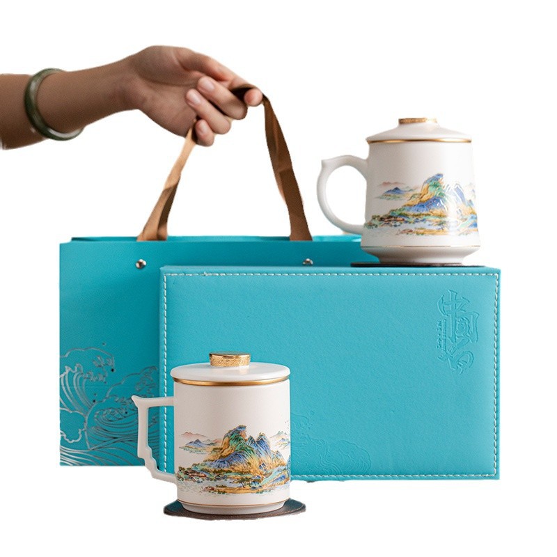 Cốc văn phòng bằng sứ ngọc có nắp của Li Tuting, cốc trà tách nước, cốc hội nghị phong cách Trung Quốc theo xu hướng quốc gia, cốc hội nghị phong cách Trung Quốc theo xu hướng quốc gia.