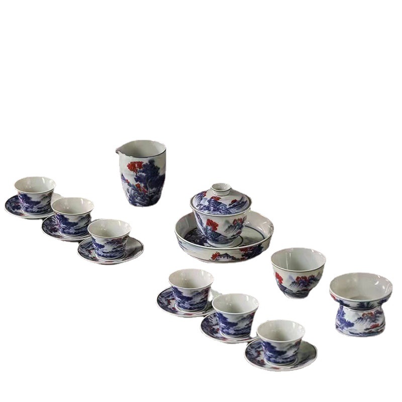 Bộ Trà Cổ phong cảnh sứ trắng xanh Bộ Hộp quà gia dụng Bộ trà Kung Fu gốm sứ Bộ trà quà tặng bán buôn