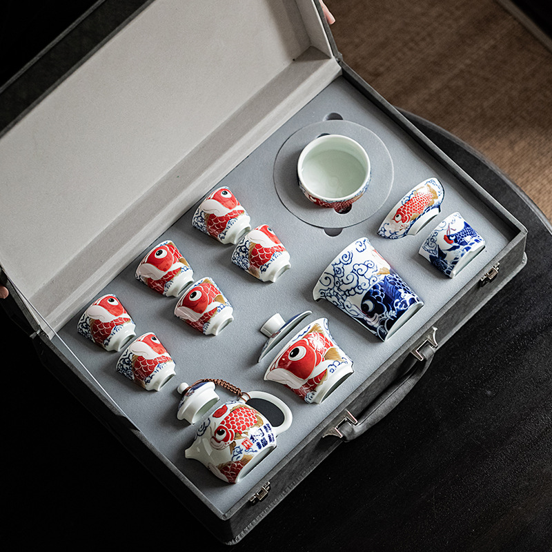 Bộ ấm trà Kung Fu Rồng Cá cốc trà gốm sứ kiểu Trung Quốc Có Nắp ấm trà dụng cụ pha trà gia dụng Hộp quà tặng cao cấp