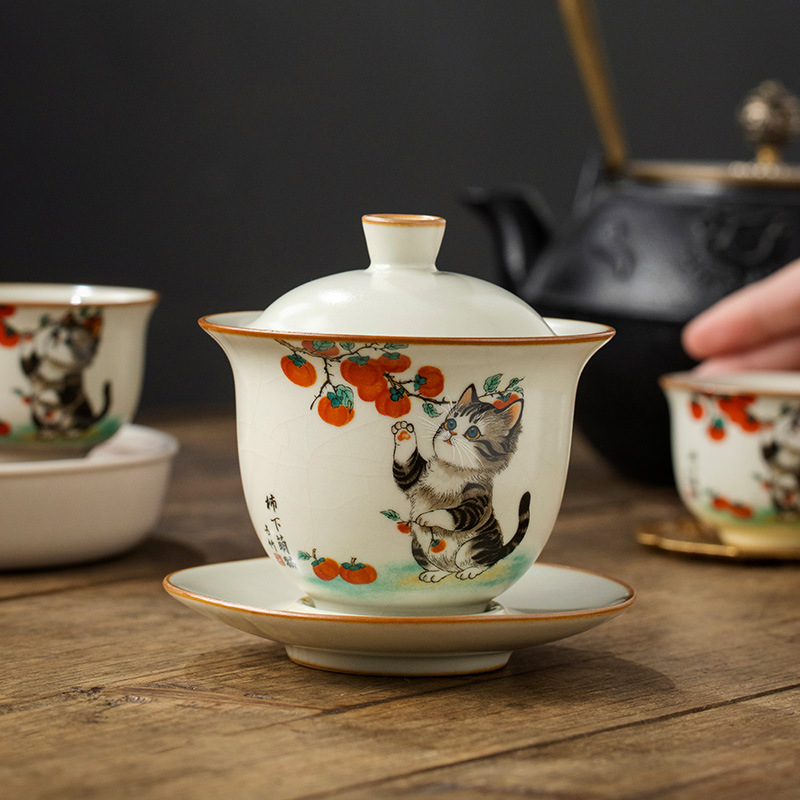Bộ ấm chén trà cao cấp chống nóng, có nắp, họa tiết mèo dễ thương ba tài, kiểu dáng Ru Kiln Persimmon.
