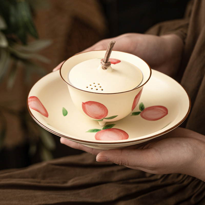 Quạt vẽ tay nút dây đào có nắp đậy chén trà chén chén trà gốm sứ gia dụng có nắp bộ trà Kung Fu không nóng đơn