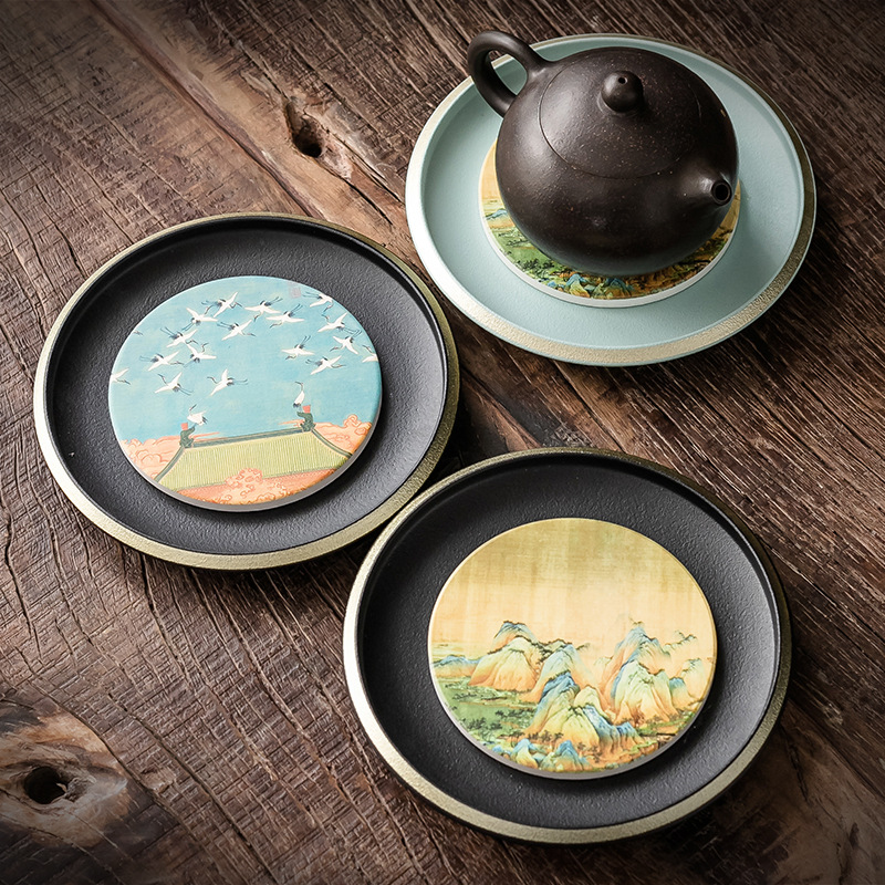 Ấm đun nước bằng gốm, bàn pha khô, khay đựng trà nhỏ gia dụng, khay đựng nước hình tròn, khay đựng trà, khay đựng cốc, tấm cách nhiệt