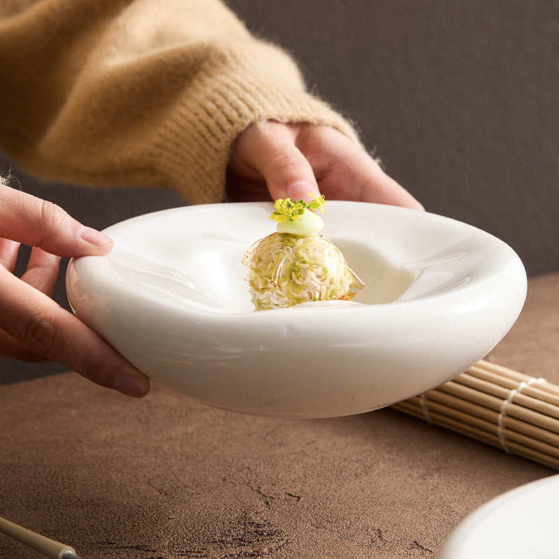 Đĩa món ăn hai lớp sứ trắng, nhà hàng khách sạn cao cấp, đĩa cách nhiệt đặc trưng sáng tạo, Đĩa tráng miệng kiểu tổ