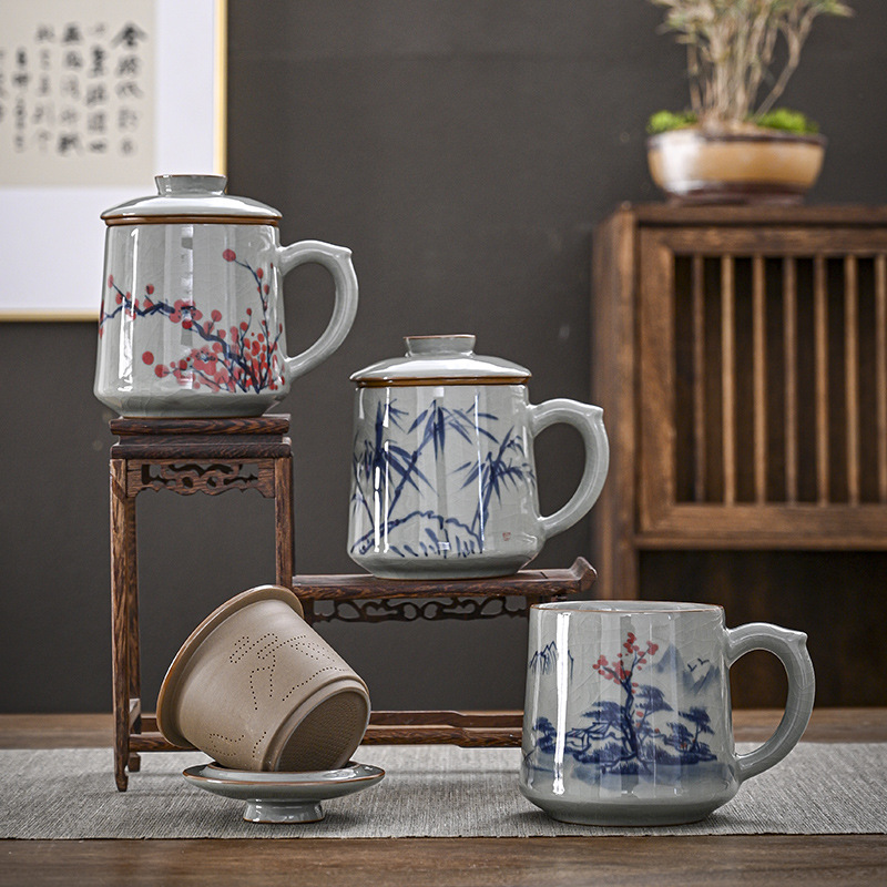 Cốc văn phòng vẽ tay đất sét già có nắp lọc lót tách trà cốc nước dung tích lớn