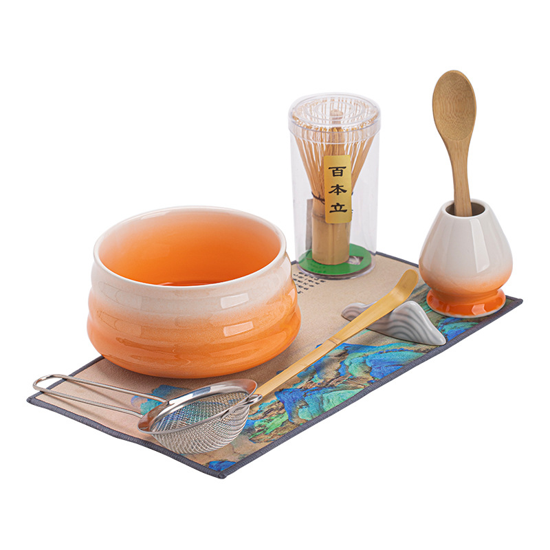 Bộ tám món Matcha gốm sứ có độ dốc có ren, trà đạo đặt hàng kiểu Nhật, bát matcha lớn, bình trà, màn lọc Baibenli