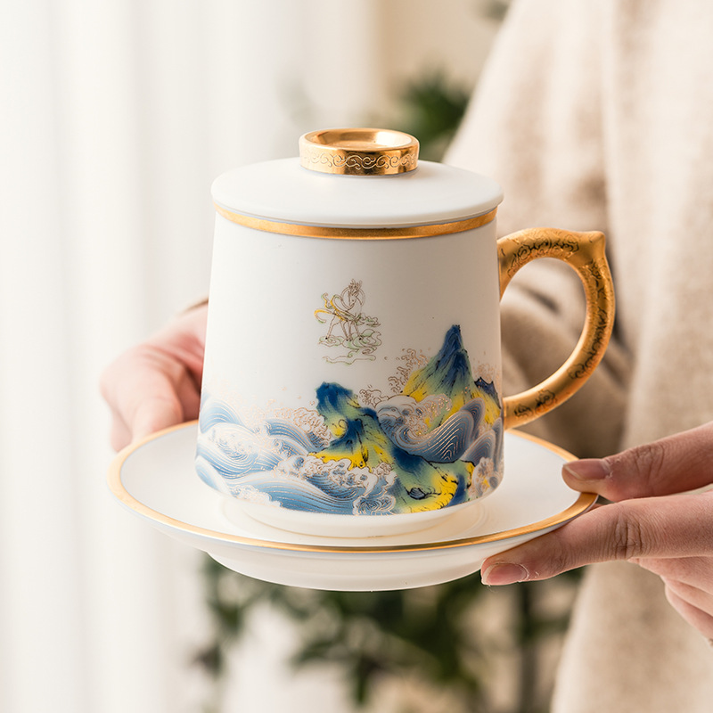 Cốc Trà Ngọc Bích mỡ cừu Fulushanhai cốc nước văn phòng cao cấp chuyên dụng cá nhân Cốc Cốc có nắp hộp quà tặng