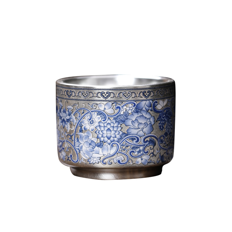 Cốc trà 999 màu xanh và trắng cổ điển mới cốc trà bạc mạ gốm sứ gia dụng đơn tách trà bộ trà Kung Fu cốc trà