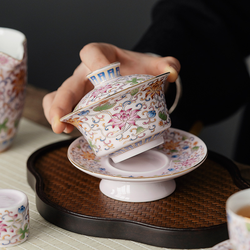 Bát tráng men vàng thủ công, bát có nắp ba tài bằng gốm sứ Jingdezhen, bát pha trà vẽ tay, bộ trà Kung Fu cỡ lớn