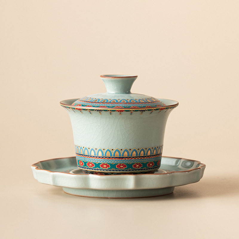 Ru Kiln Đôn Hoàng Văn hóa và Sáng tạo Móng ngựa Ba cái bát có nắp không nóng Chén trà cỡ lớn có nắp mở miếng có thể nâng cao bộ trà Kung Fu