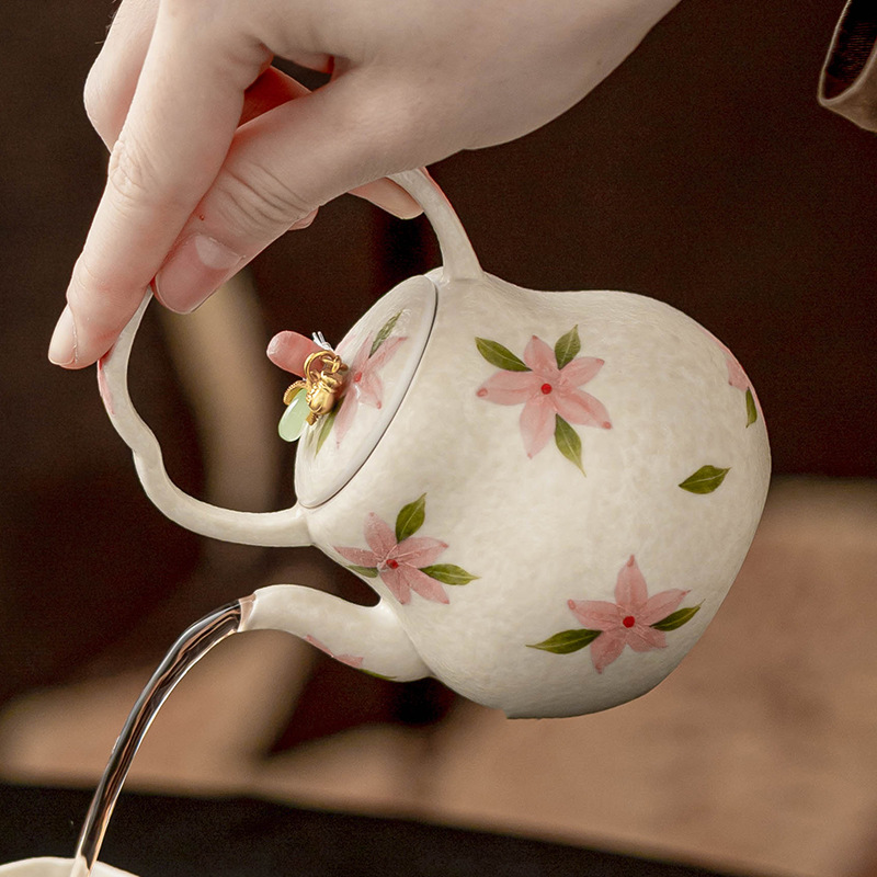 Bộ ấm trà hoa anh đào trắng đá khoáng phong cách Trung Hoa, ấm trà gốm sứ cao cấp có lưới lọc, bộ ấm trà Kung Fu cổ điển, ấm trà đơn