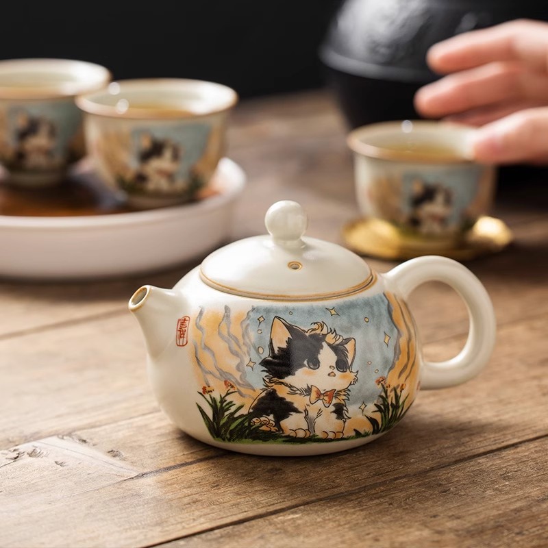 Bộ ấm trà gốm sứ Ru lò dễ thương bộ ấm trà công phu sáu chén cao cấp phòng khách gia dụng