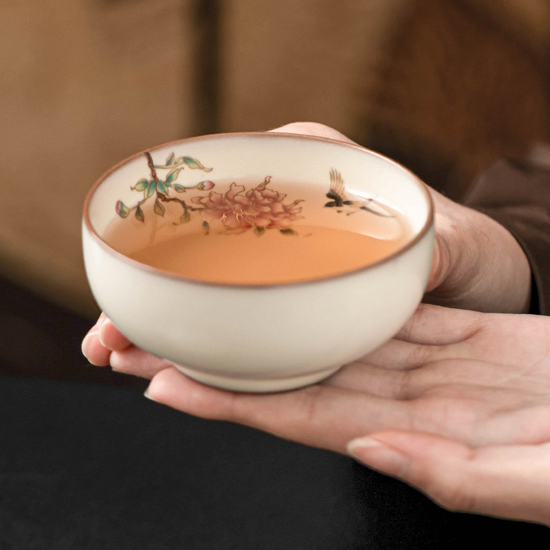 Cốc trà Ru Kiln Cốc chủ nhân gốm sứ cao cấp Cốc uống trà gia dụng Cốc trà bình mỡ lợn đông lạnh hoa mẫu đơn cốc miệng rộng