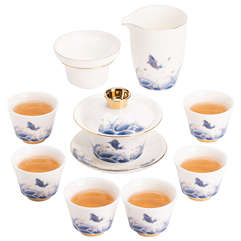 Bộ trà ngọc bích mỡ cừu Bộ quà tặng sứ trắng Đức Hoa có nắp ấm trà tách trà bộ dụng cụ trà Kung Fu trọn bộ gia dụng