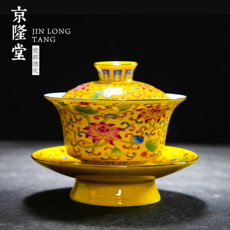 Bát trà tam tài tráng men Jinglongtang cốc trà gốm sứ công phu cốc trà cổ điển cỡ nhỏ bát pha trà gia dụng