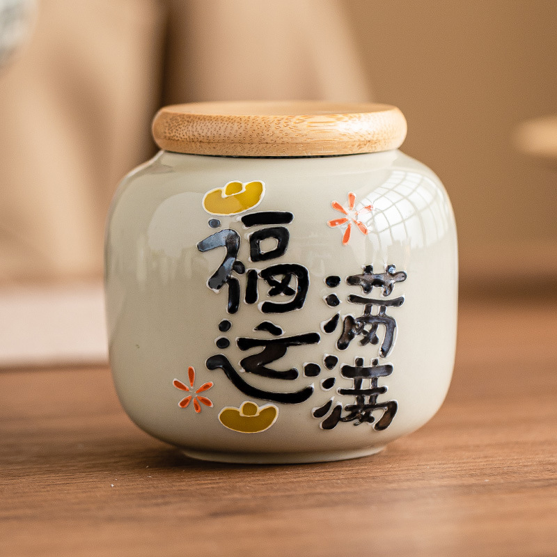 Chậu trà đầy may mắn chạm khắc vẽ tay, bình trà gốm sứ nhỏ, bình rỗng, bình chống ẩm kín gia dụng, bình bảo quản