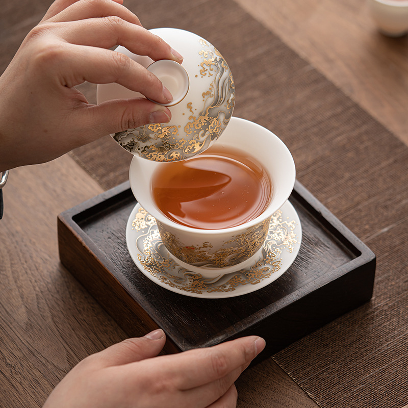 Cao cấp mỡ cừu ngọc sứ long phượng tam tài bát trà cốc pha trà bào mỏng bát pha trà công phu có nắp ấm tay cỡ lớn