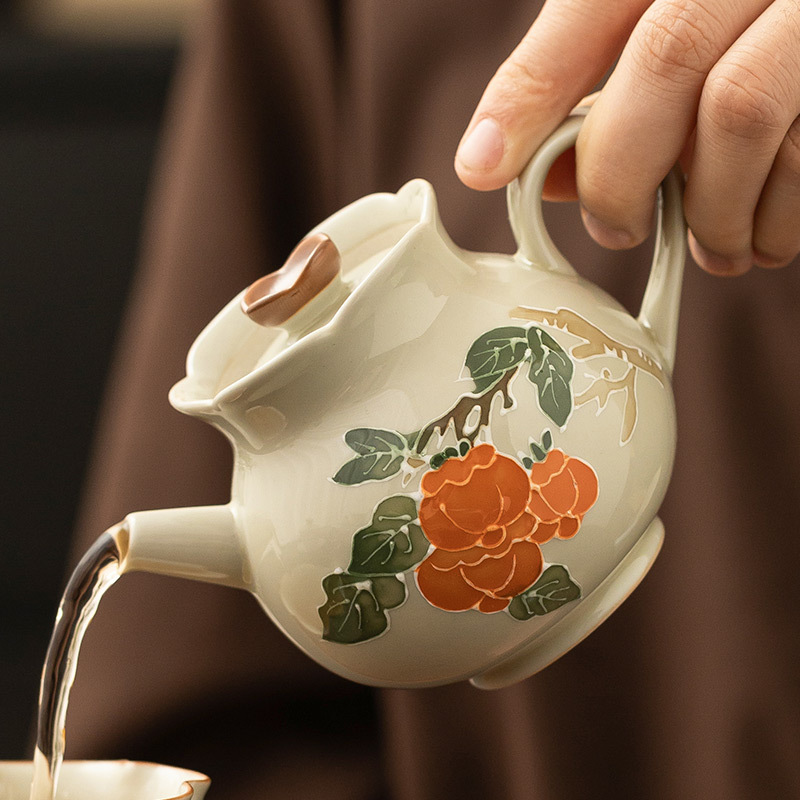 Vẽ tay quả hồng, quả hồng, nụ hoa, đống, bộ ấm trà gốm sứ chạm khắc, ấm đơn, dụng cụ pha trà Kung Fu gia dụng không nóng