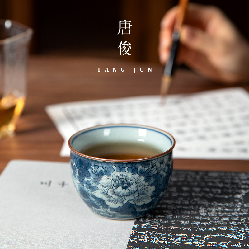 Chén trà sứ trắng xanh thủ công bằng đất sét gốm cổ Jingdezhen, cốc chủ nhân, Bộ trà gốm sứ Kung Fu, cốc đơn
