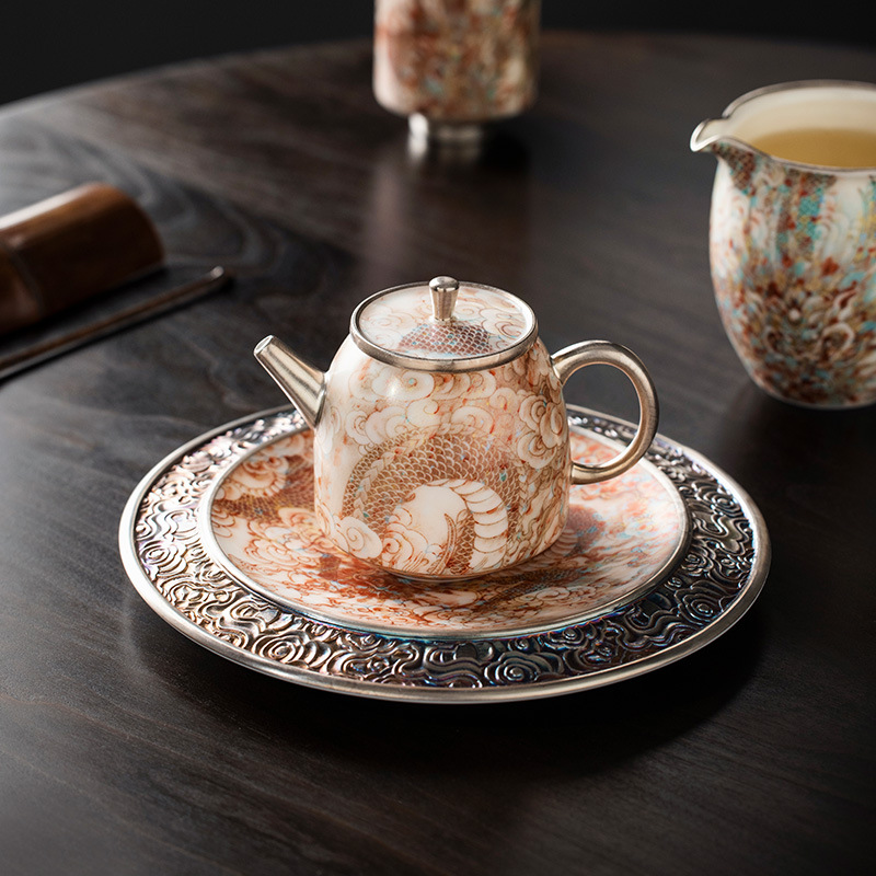 Bộ ấm trà Handuo rồng đỏ tráng men mạ bạc, quà tặng sinh nhật nam nữ lãnh đạo người lớn tuổi