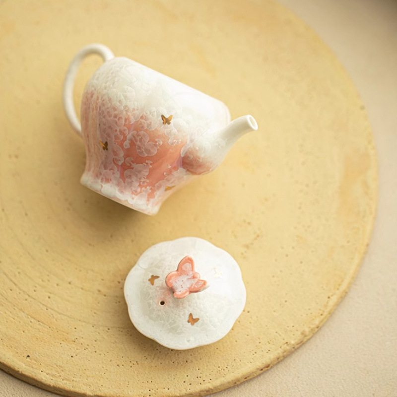 Bộ ấm chén trà gốm sứ cao chân hoa văn hoa băng men pha lê vàng cao cấp, bộ dụng cụ pha trà Kung Fu gia dụng