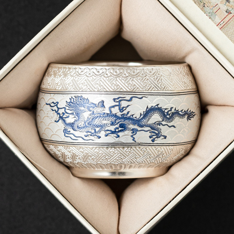 Cốc chủ nhân mẫu mới 2025 cốc trà cao cấp 999 mạ bạc rồng bay lên mây thiền cốc nếm trà cốc trà