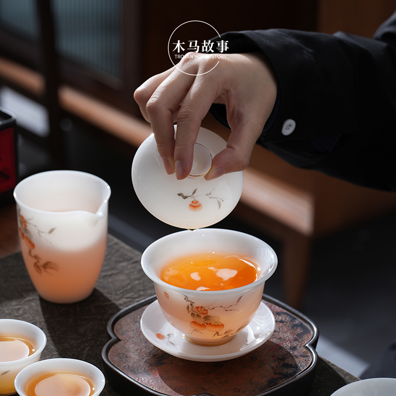 Bộ ấm chén sứ ngọc bích vẽ tay, nắp đậy, kiểu dáng cao cấp, chất liệu sứ trắng Dehua, họa tiết Sancai, hộp quà tặng sang trọng