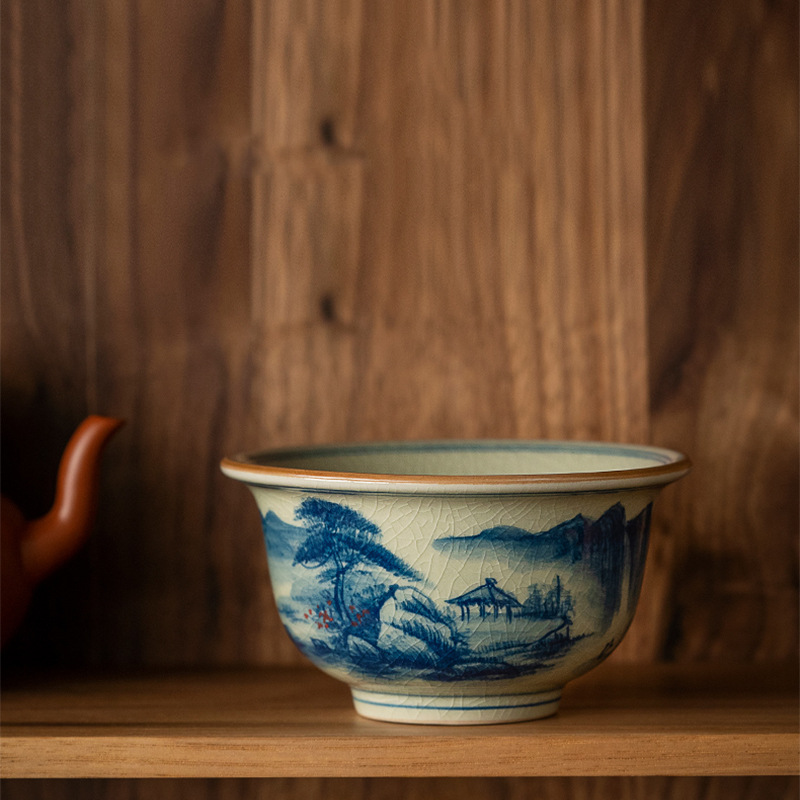 Jingdezhen cũ đất vẽ tay chủ nhân cốc phong cảnh màu xanh và trắng cốc trà gốm sứ Kung Fu Bộ trà cốc đơn bán buôn