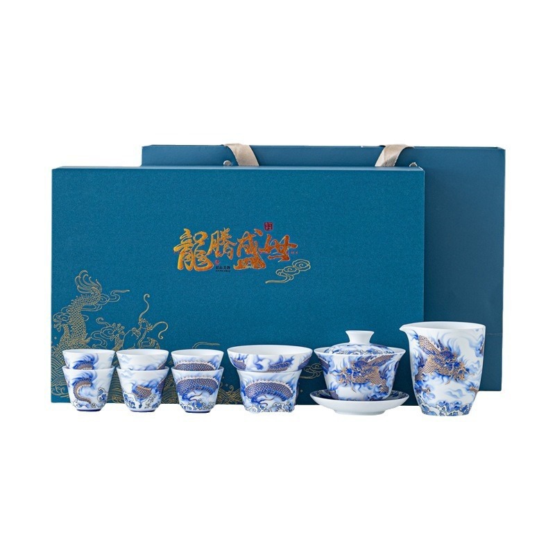 Bộ ấm chén trà Kung Fu Longteng Shengshi Dingyao gốm sứ tráng men, hộp quà tặng, quà lưu niệm doanh nghiệp