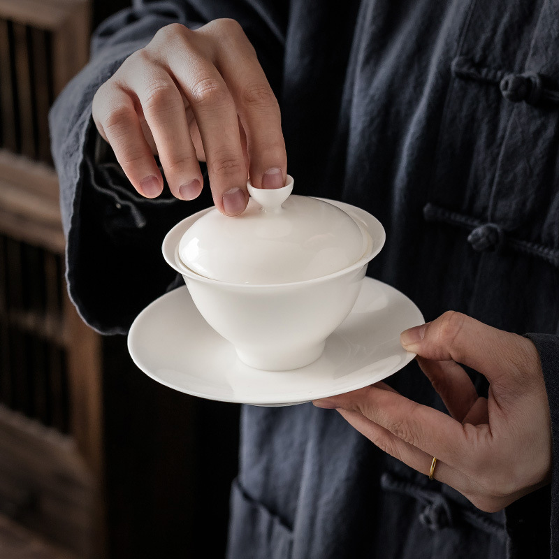Bán buôn cốc trà, Phụ Kiện Bộ trà, Bộ trà sứ trắng cao, bát có nắp, bát Ba tài, dụng cụ pha trà, bát trà sứ trắng tinh khiết