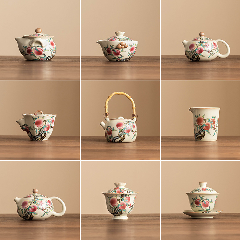 Ruyao Pastel Nine Peach Bộ ấm trà Daquan Ấm trà lọc trà tách cà phê có nắp bát gốm sứ Kung Fu Cốc chủ nhân