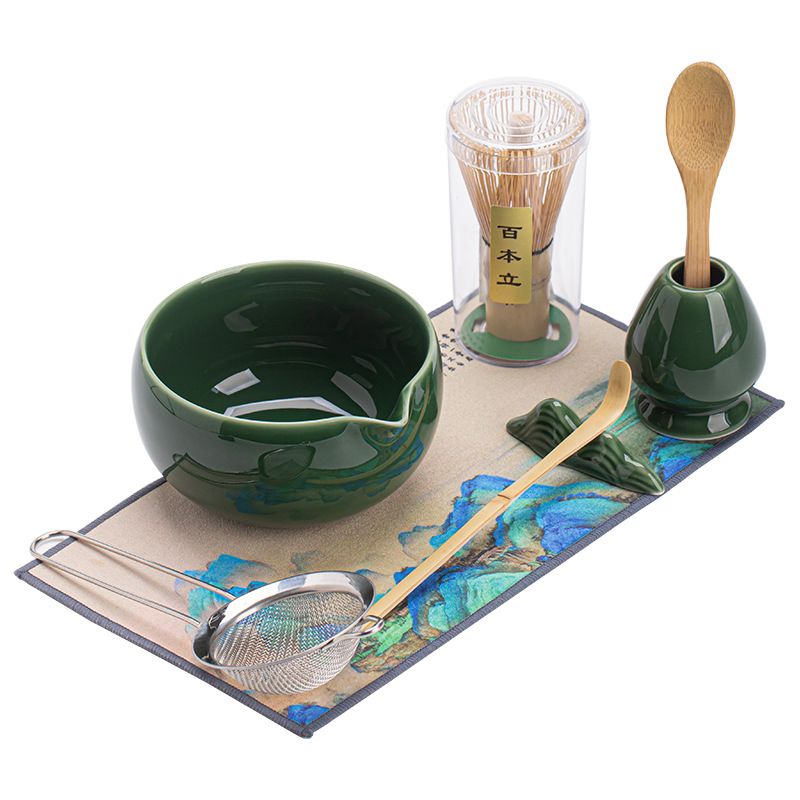 Bộ tám món matcha màu xanh lá cây mô phỏng đồ uống trà gốm sứ nhà Tống, bát trà Baixi matcha, bình trà, bộ lọc đứng, phụ kiện bộ trà