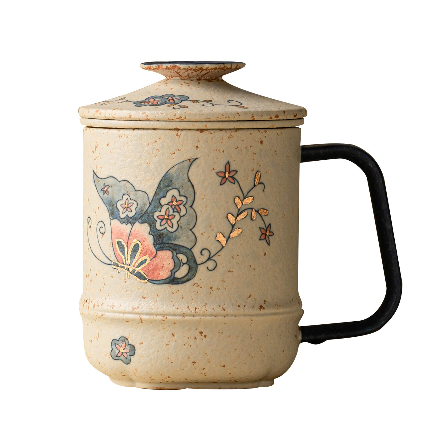 Nhà máy màu xanh và trắng đá lửa cốc uống trà màu đỏ bướm yêu hoa trà tách cốc gốm sứ cổ điển cốc nước có nắp