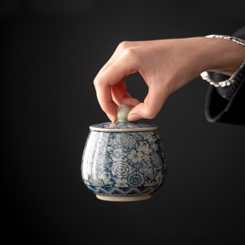 Lọ đựng trà gốm sứ trắng xanh bằng đất sét cũ, bình kín nhỏ, bình lưu trữ chống ẩm gia dụng cổ điển, nhà sản xuất bán buôn