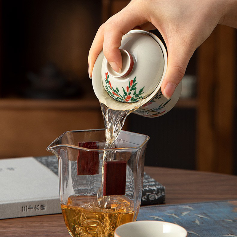 Bát có nắp vẽ tay, tách trà nhị tài, bộ trà công phu nhỏ, bộ pha trà gốm sứ có nắp, bộ trà đơn bán buôn gia dụng