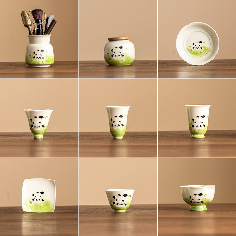 Vẽ tay gấu trúc chơi thế giới cốc trà nắp bát trà biển ấm trà phụ kiện trà đạo bộ trà sứ gia dụng kungfu đơn