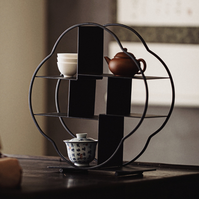 Hộp đựng trà sắt mỹ thuật, Bộ trà ấm trà, Giá đựng cốc trà, đồ trang trí nhà kiểu Trung Quốc mới, nhà mẫu, kệ Bogu trưng bày, trang trí mềm