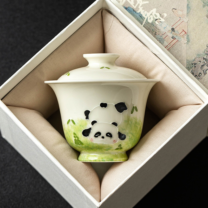 Vẽ tay đống chạm khắc gấu trúc nắp bát trà chén chén trà gia dụng men xám thực vật bộ trà Kung Fu đơn chống bỏng hộp quà