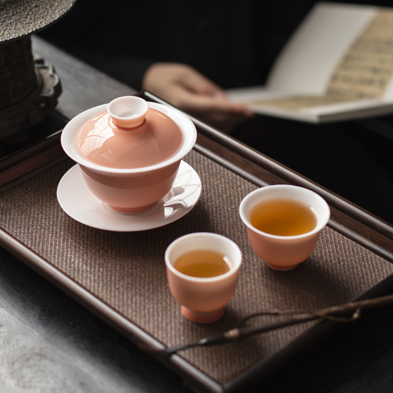 Tách trà gốm sứ Sancai màu hồng, có nắp, không nóng khi chạm, bộ ấm chén trà Kung Fu
