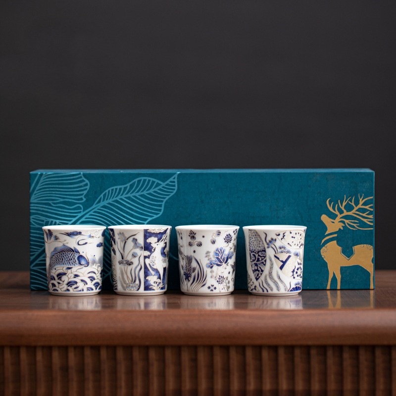 Tách trà hoa xanh bạc cloisonné cao cấp bộ trà kungfu bộ cốc chủ nhân gốm sứ tặng quà công sở cho người lớn tuổi và bạn bè